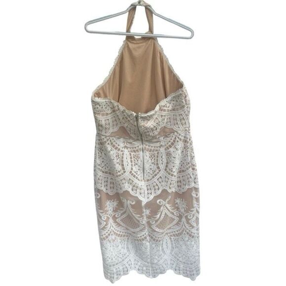 Lulus XL Beige Nude Halter Dress White Lace Overlay Bodycon Cocktail Party Midi - Picture 5 of 7